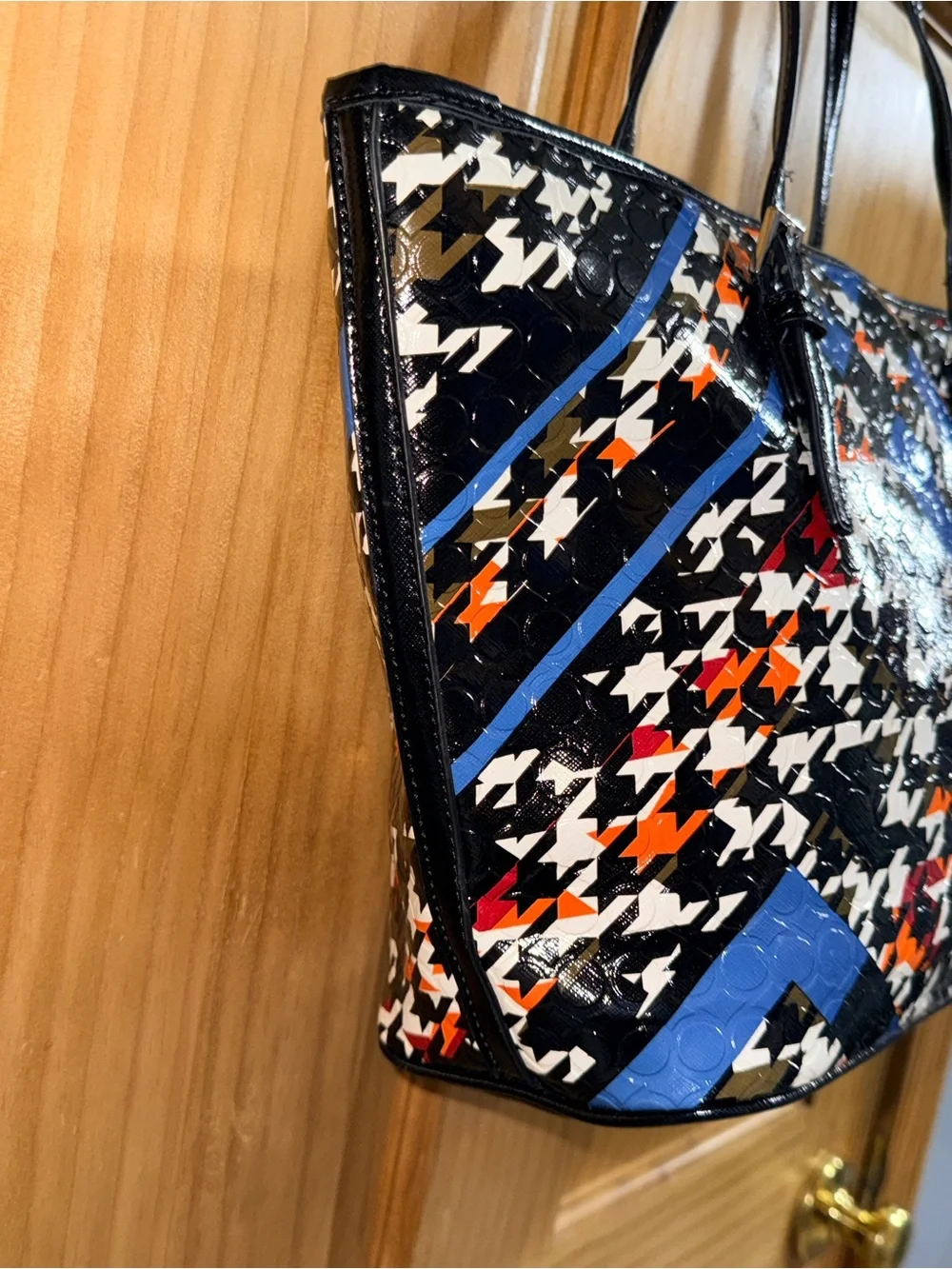 Nine West Black Patent Houndstooth Tote with Blue & Orange Accents & ID Wallet